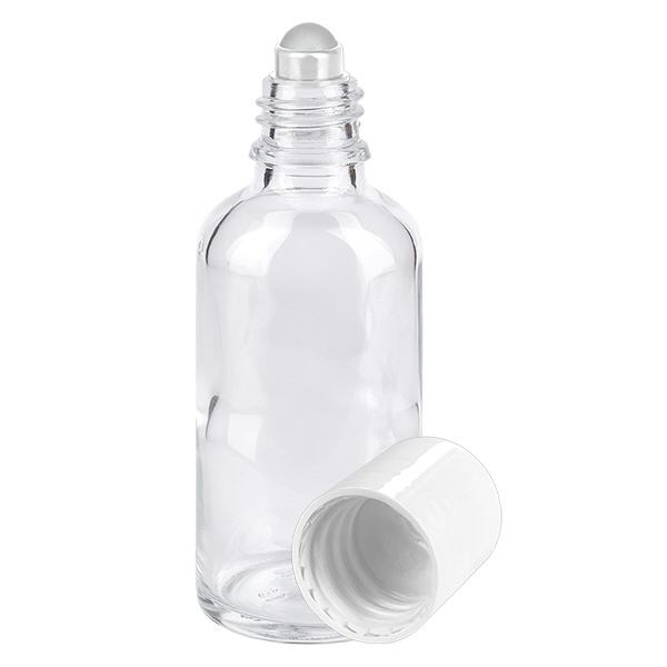 Apothekenflasche klar 50ml Roll-On Verschluss weiß Apothekenflasche klar 50ml Roll-On Verschluss weiß