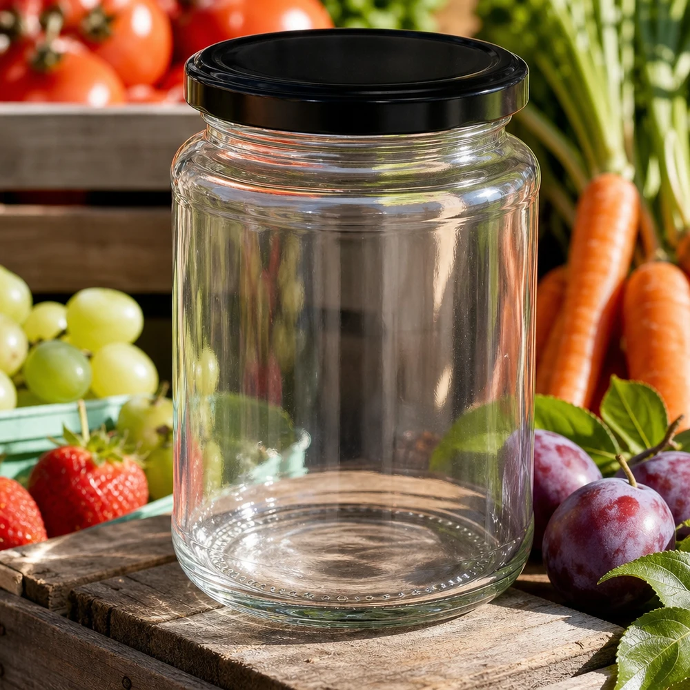 382ml Rundglas mit BasicSeal Deckel schwarz UNiTWIST 382ml Rundglas BasicSeal schwarz umgeben von frischem Obst Gemüse Erdbeeren Weintrauben Karotten Pflaumen Outdoor