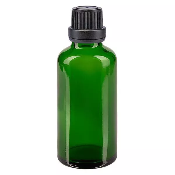 Apothekenflasche grün 50ml Tropfverschluss Giessring 2mm schwarz Originalitätsverschluss Apothekenflasche grün 50ml Tropfverschluss Giessring 2mm schwarz Originalitätsverschluss