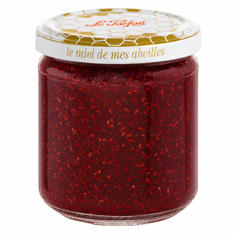 Le Parfait Honey Einmachglas 212ml mit goldenen Bienenwaben-Deckel gefüllt mit roter Erdbeermarmelade