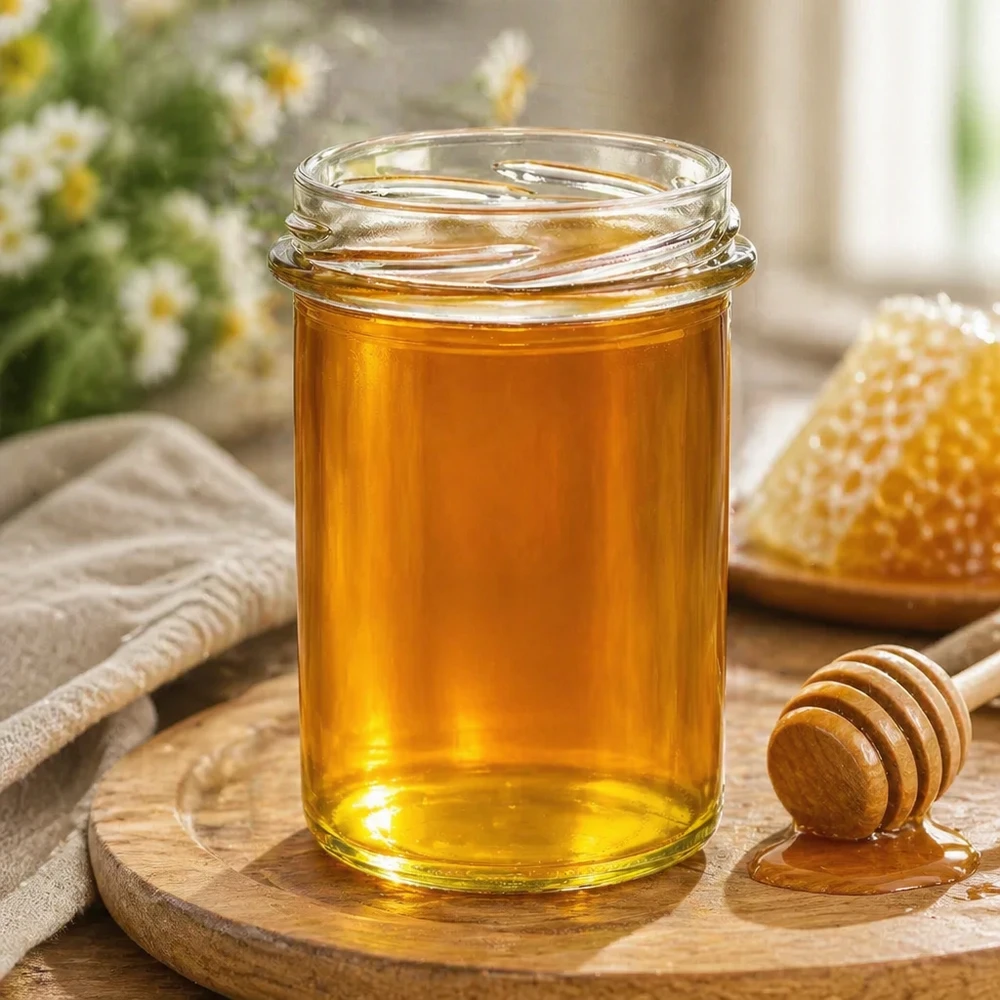 230ml Sturzglas ohne Deckel (TO66) UNiTWIST UNiTWIST Sturz230 Honigglas 230ml TO66 mit goldenem Honig gefüllt neben Honigwabe und Honiglöffel