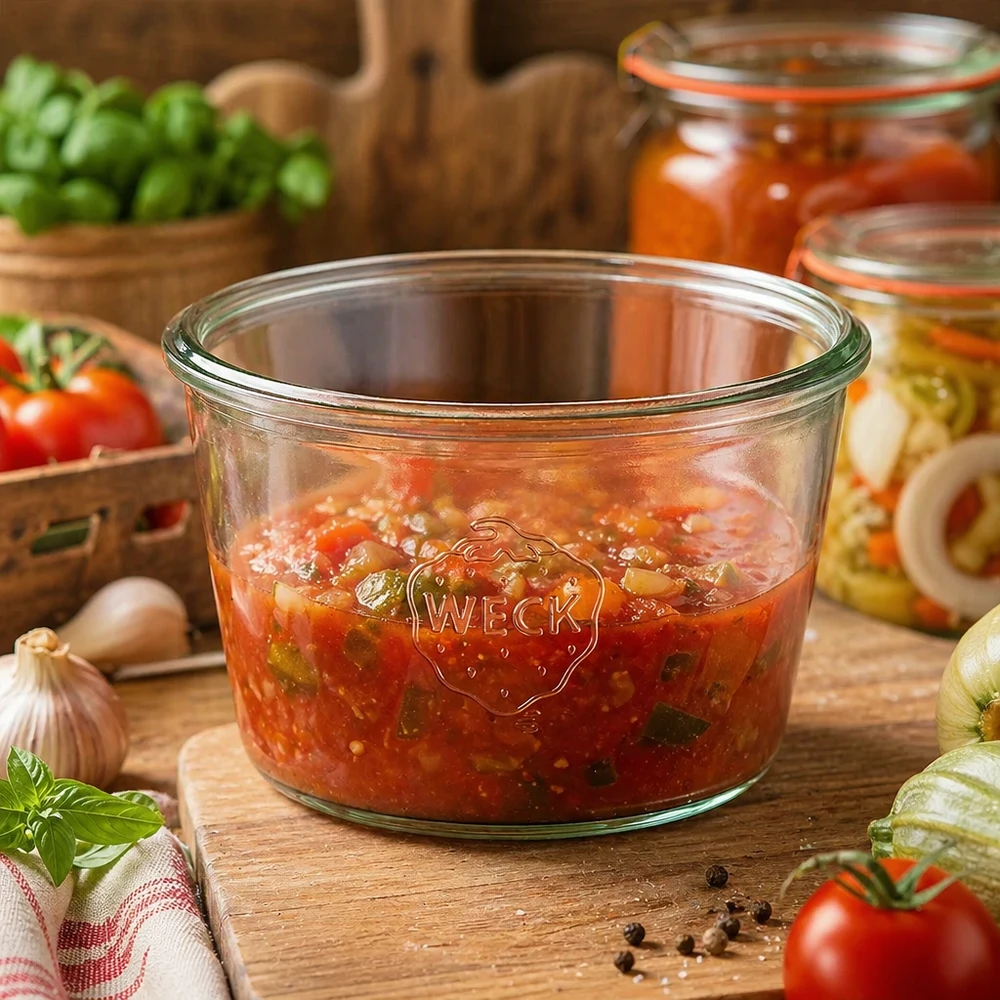 370ml Sturzglas WECK RR100 WECK Sturzglas 370ml RR100 mit Tomatensauce gefüllt auf Holztisch neben frischen Tomaten und Kräutern