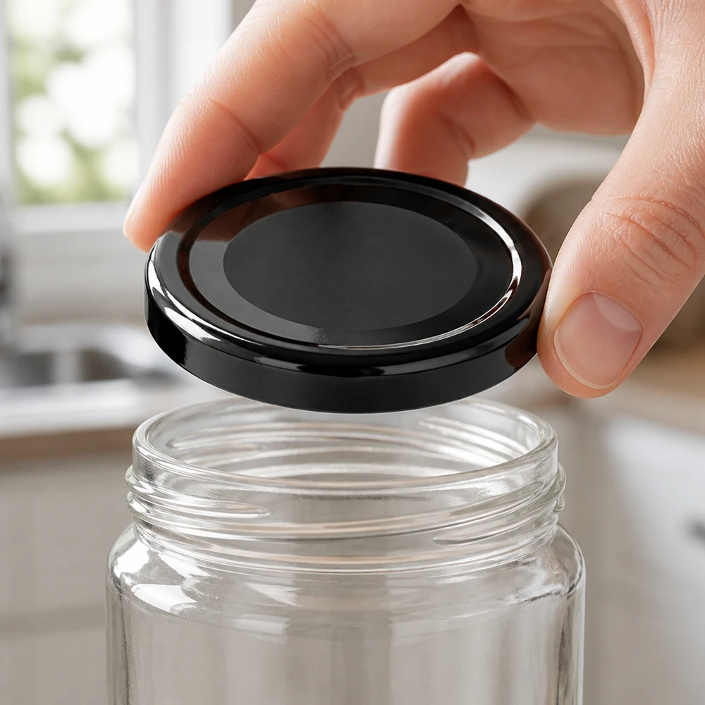 Finger platzieren schwarzen Runddeckel 48mm auf transparentem Einweckglas in Küche