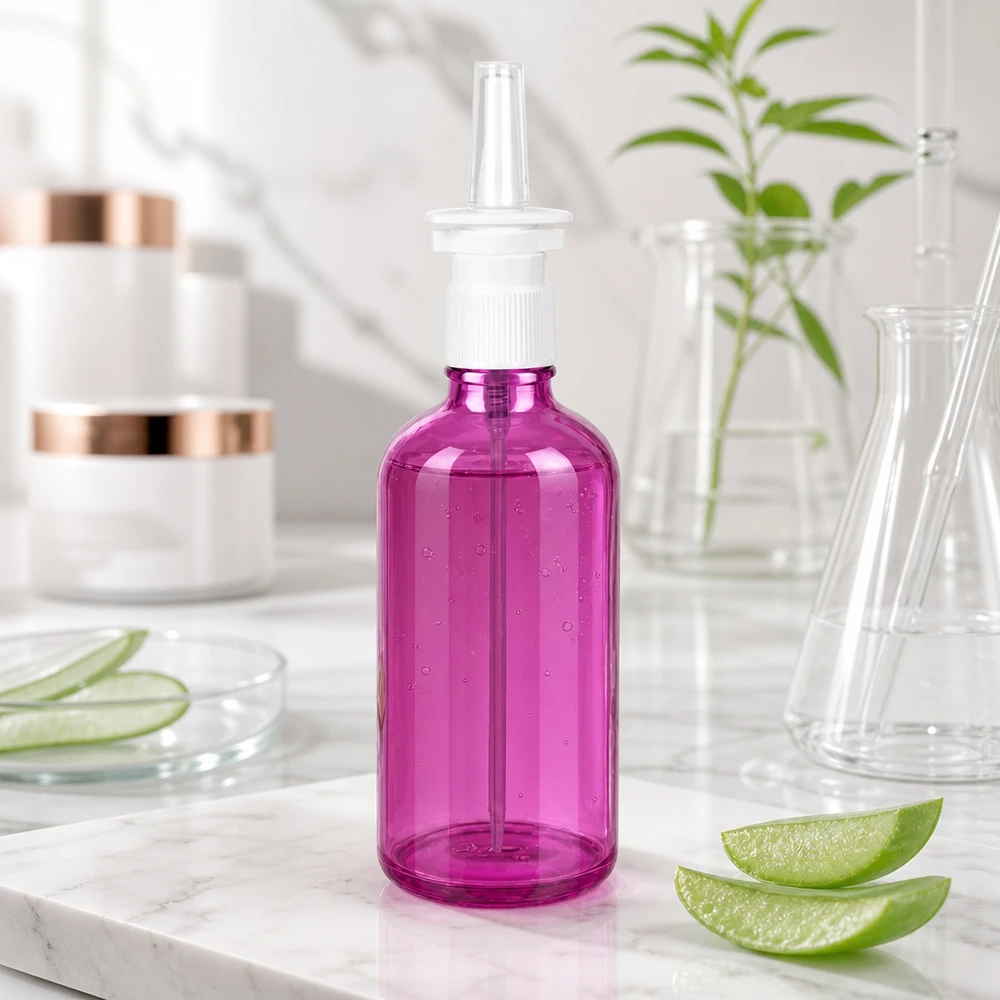 Moderne purpurfarbene 100ml Flasche mit weißem Sprühmechanismus für therapeutische Zwecke