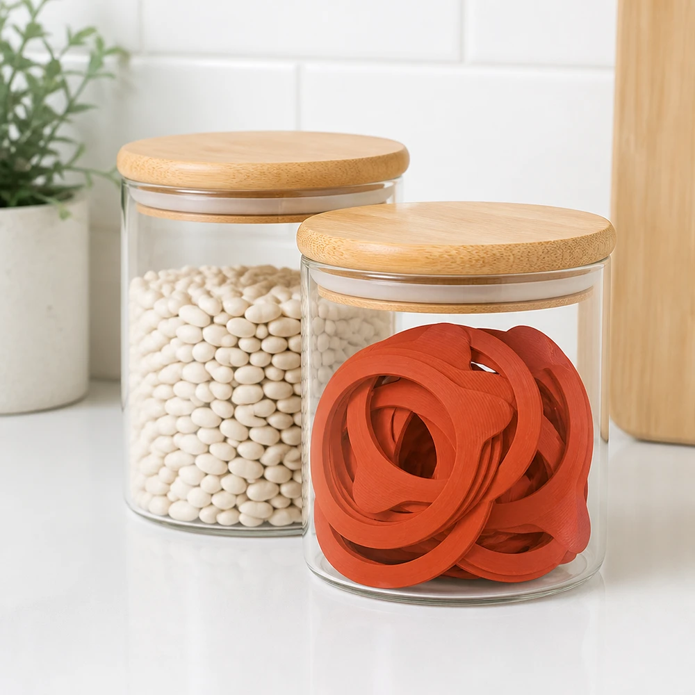 Einkochring Naturgummi RR100 Rote Einkochringe RR100 aus Naturgummi in Vorratsglas mit Bambusdeckel neben weißen Bohnen in moderner Küche