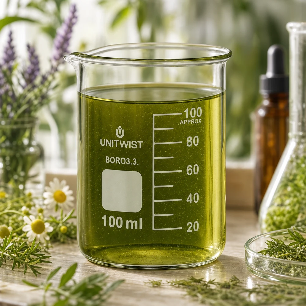 Becherglas 100ml Borosilikat, niedrige Form UNiTWIST Graduiertes Becherglas 100ml mit grünem Pflanzenextrakt auf Holzoberfläche mit Kamillenblüten