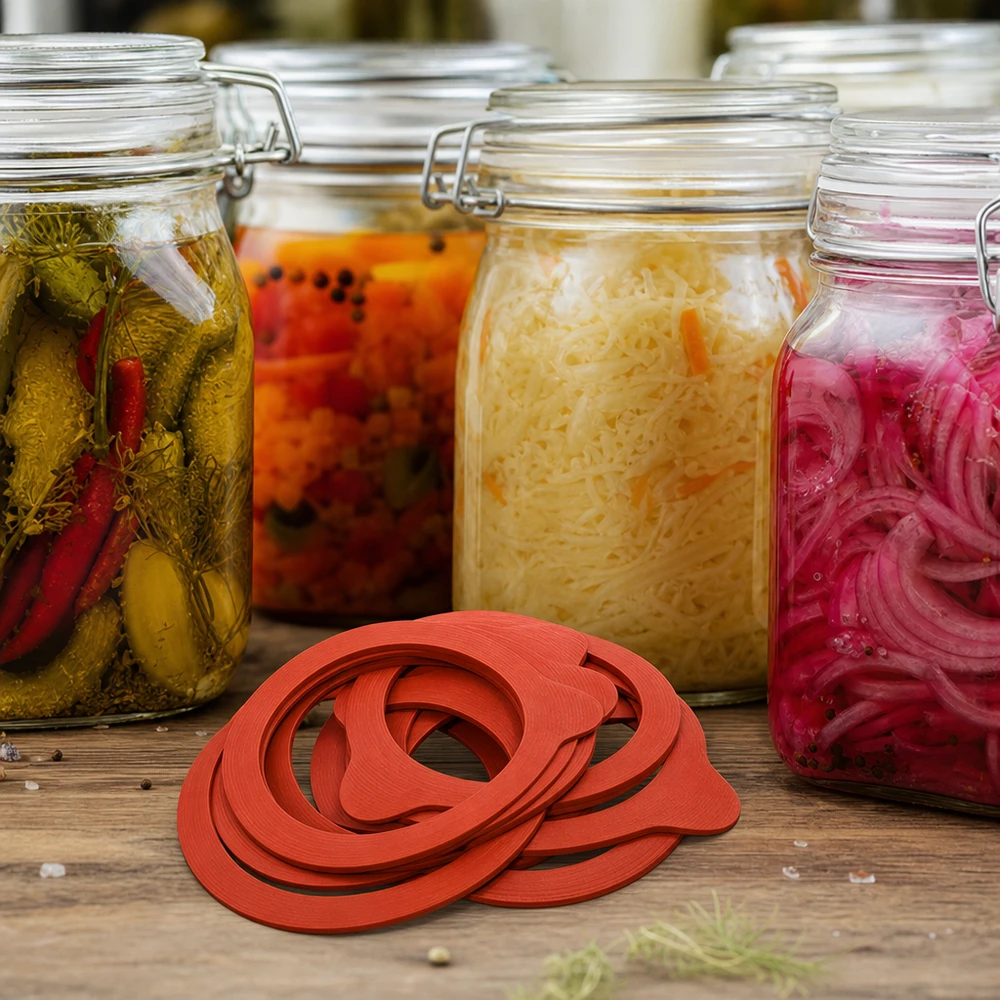 Einkochring Naturgummi RR60 Einkochringe RR60 Naturgummi vor fermentierten Gemüsegläsern Sauerkraut Kimchi eingelegte Gurken Zwiebeln