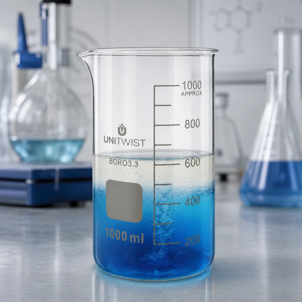 Becherglas 1000ml Borosilikat, hohe Form UNiTWIST Becherglas hohe Form 1000ml UNITWIST Borosilikat mit reaktiver blauer Chemikalie gefüllt