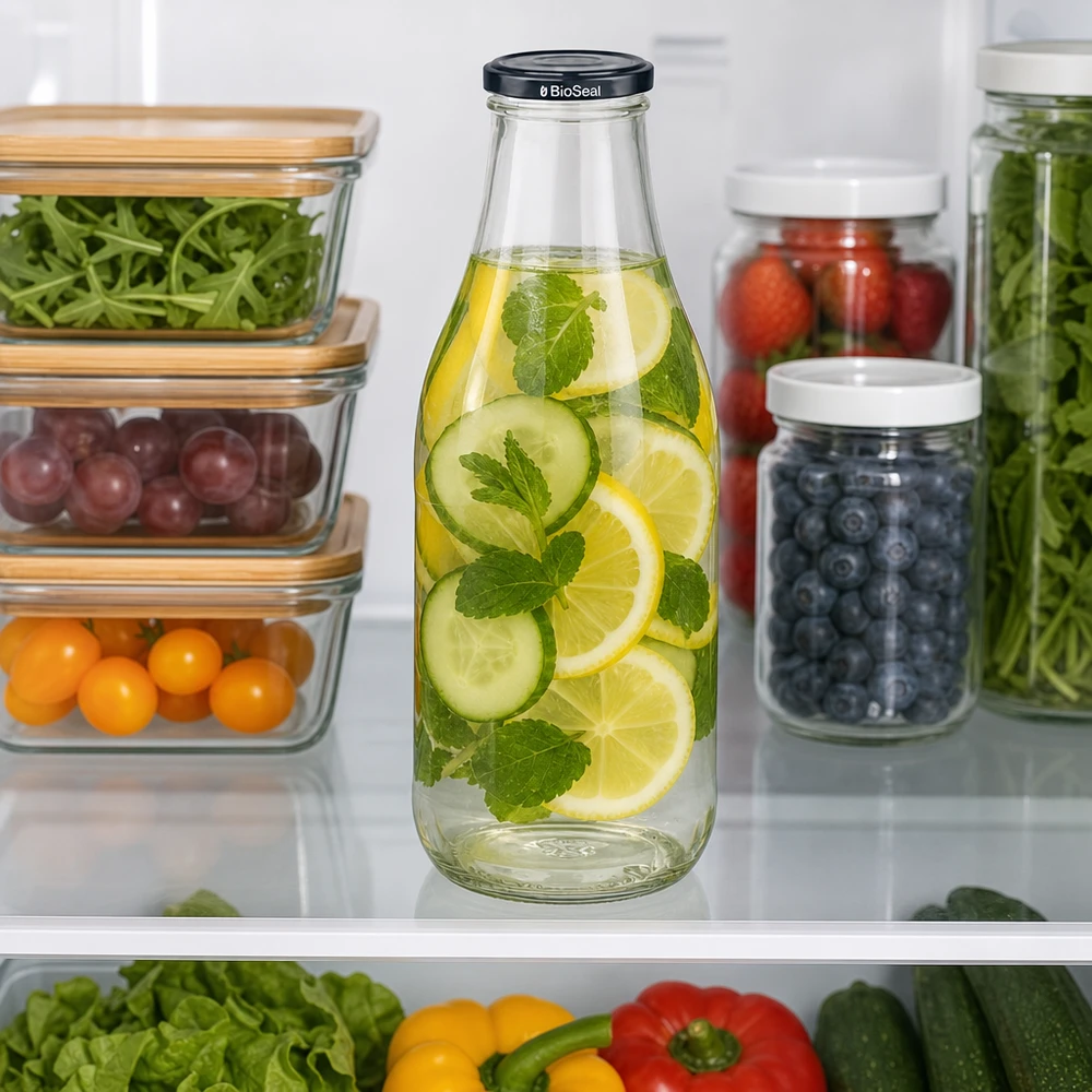 1000ml Glasflasche mit Gurkenwasser im Kühlschrank neben Meal Prep Behältern Beeren Gemüse nachhaltige Aufbewahrung