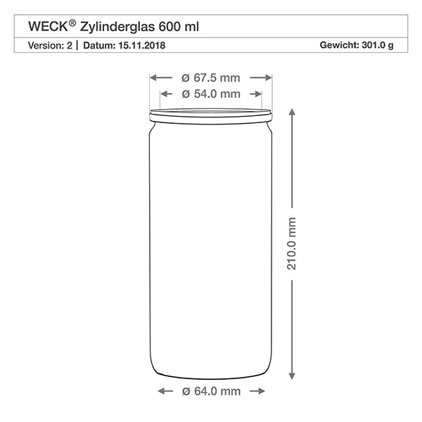 700ml Delikatessenglas mit Glasdeckel WECK RR80 Technische Zeichnung WECK 600ml Zylinderglas RR60 mit Maßangaben Durchmesser Höhe für perfekte Küchenplanung