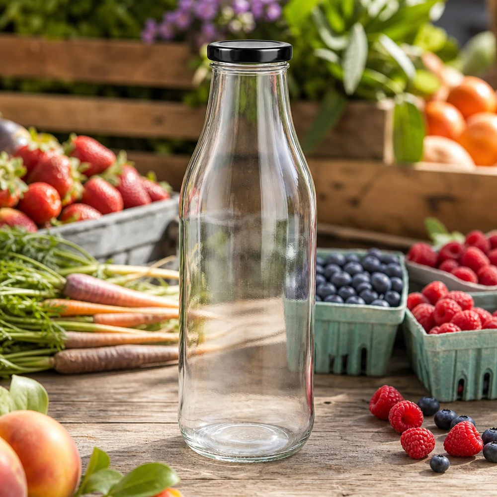 1000ml Glasflasche leer auf rustikalem Holztisch umgeben von frischen Beeren Obst und Gemüse im Freien