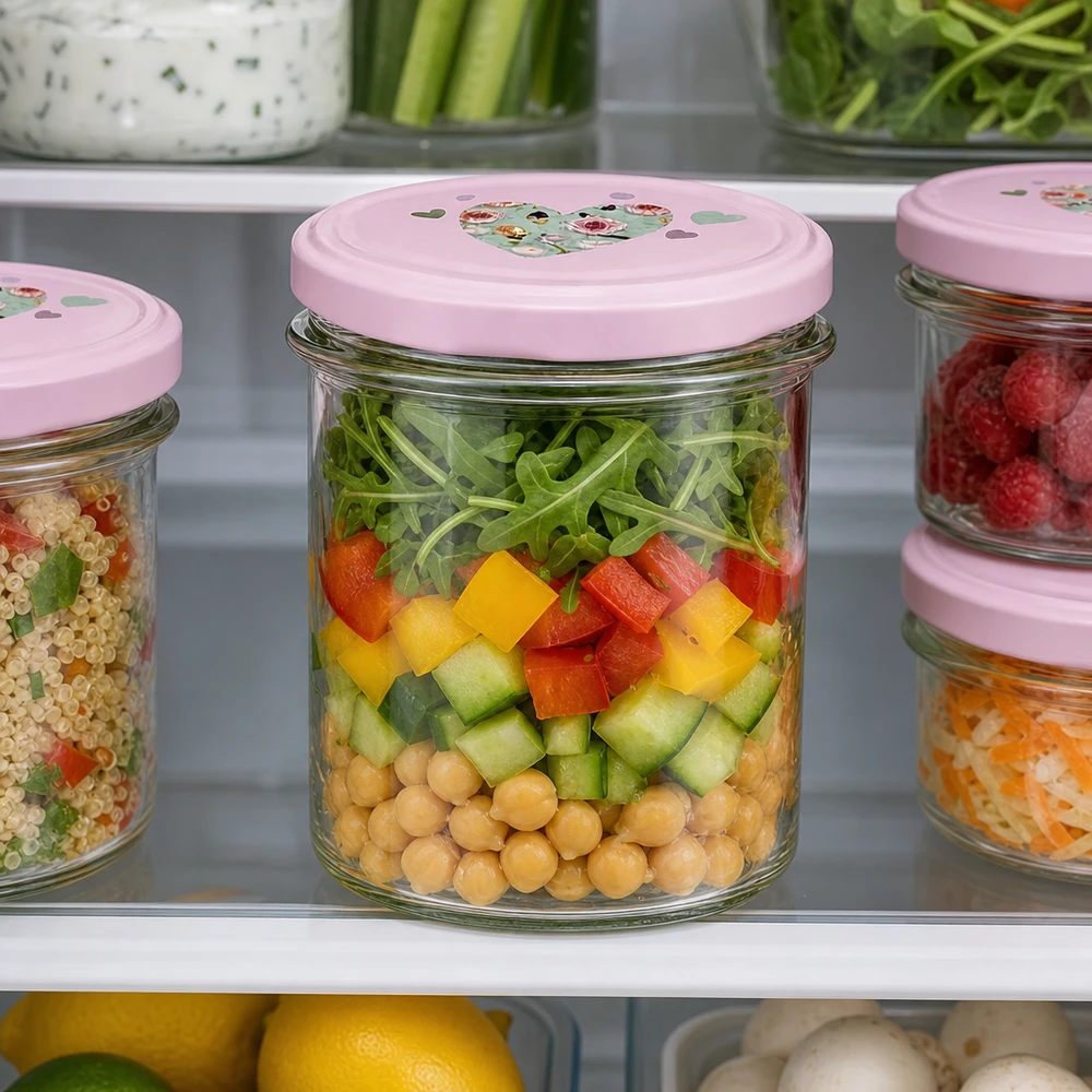 350ml Sturzglas rosa Herzdeckel Kühlschrank Meal Prep Salat Chickpeas Gemüse Vorratshaltung frische Lebensmittel