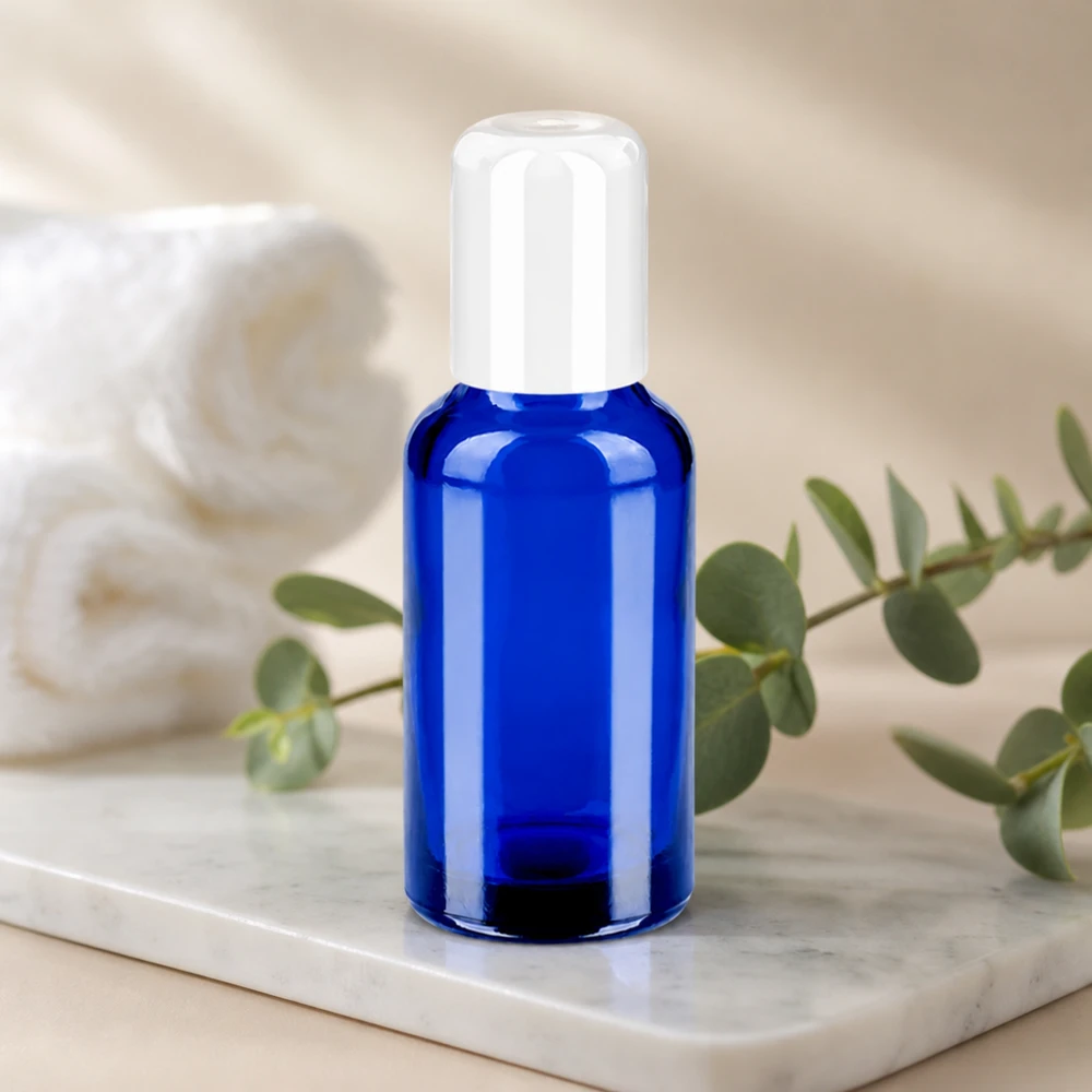30ml Roll-On Flasche weiß Standardverschluss BlueLine UT18/30 Vielseitige 30ml Roll-On Flasche in Apothekerqualität mit weissem Verschluss für DIY Kosmetik