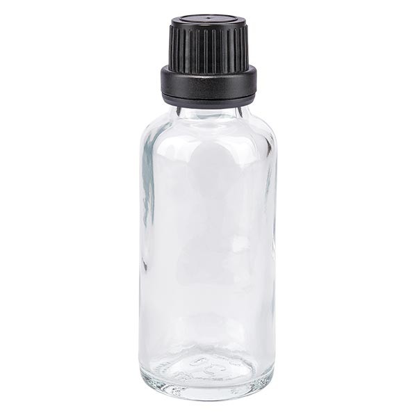 Apothekenflasche klar 30ml Tropfverschluss Giessring 2mm schwarz Originalitätsverschluss Apothekenflasche klar 30ml Tropfverschluss Giessring 2mm schwarz Originalitätsverschluss