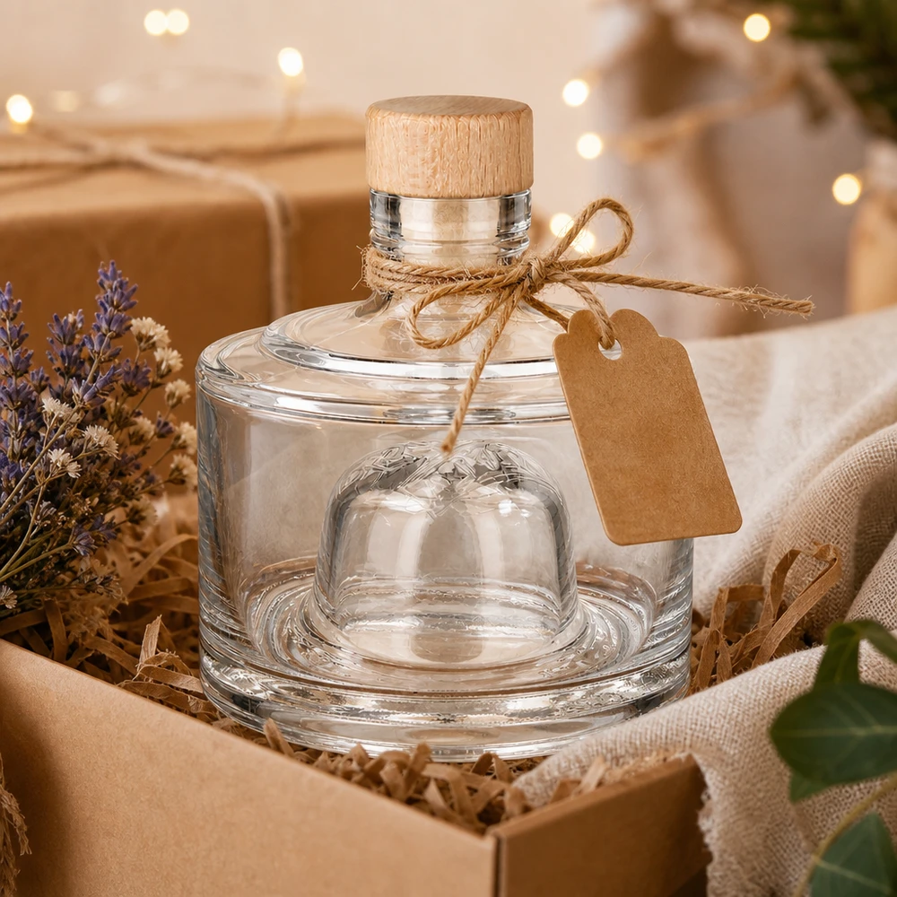 200ml Glasflasche Barbara als Geschenk verpackt mit Holzkorken Kraftpapier Anhänger und Lichterdeko festlich dekoriert