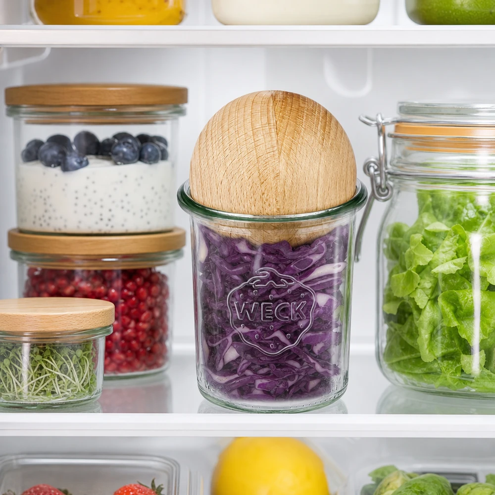 WECK Sturzglas RR60 160ml mit Holzkugel Buche im Kühlschrank zur Aufbewahrung von lila Kraut neben anderen Vorratsgläser