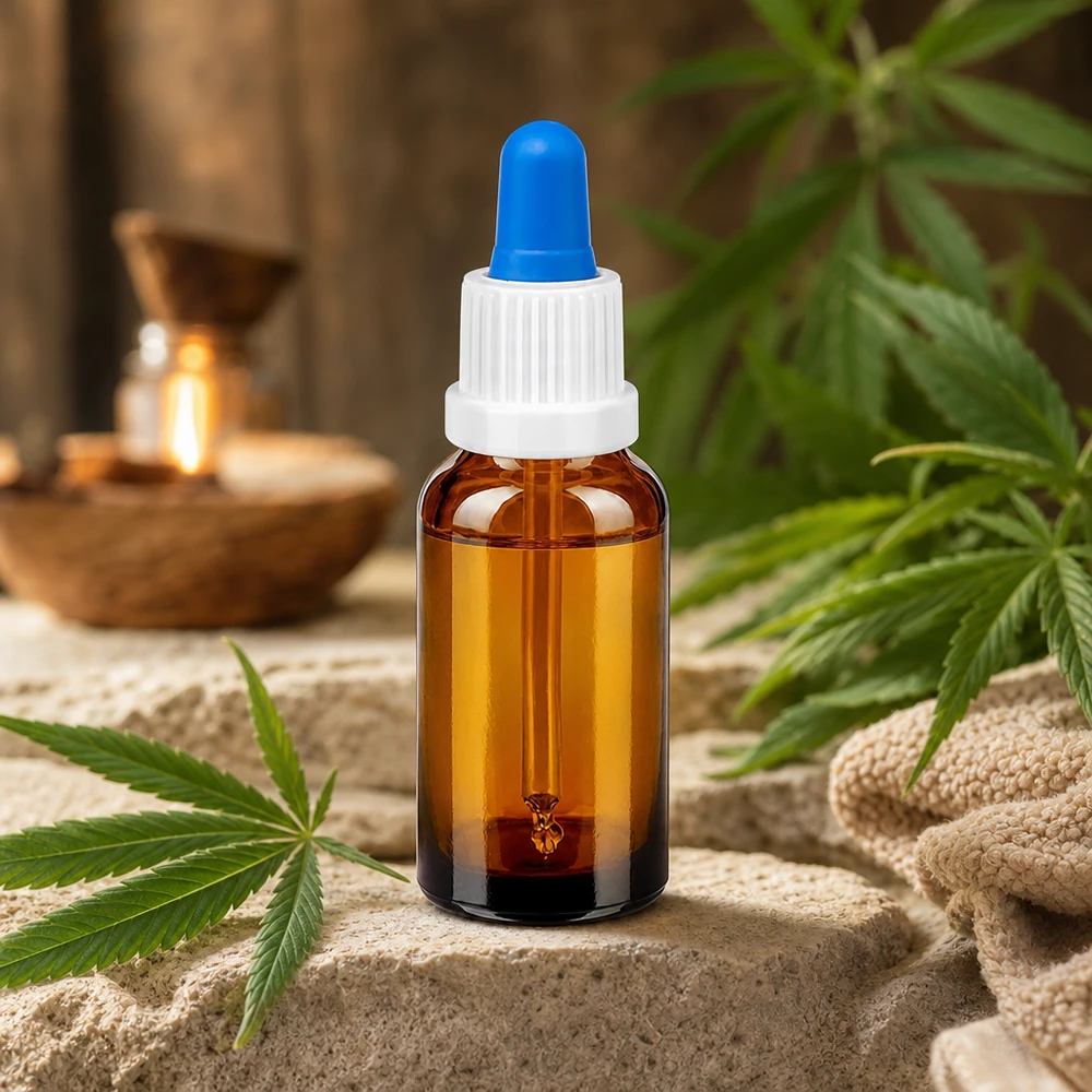 Kontrastreiches Design: 20ml Pipettenflasche in Braun mit weißem Verschluss und blauer Pipette