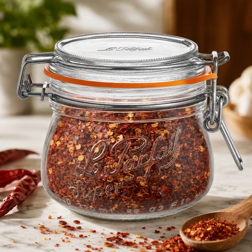 250ml Vorratsglas "Super" mit Bügelverschluss Le Parfait® 250ml Le Parfait Vorratsglas Super mit Bügelverschluss gefüllt mit Chili-Gewürzmischung auf Holztisch