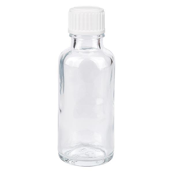 Apothekenflasche klar 30ml Tropfverschluss weiß 0.8mm Standard Apothekenflasche klar 30ml Tropfverschluss weiß 0.8mm Standard