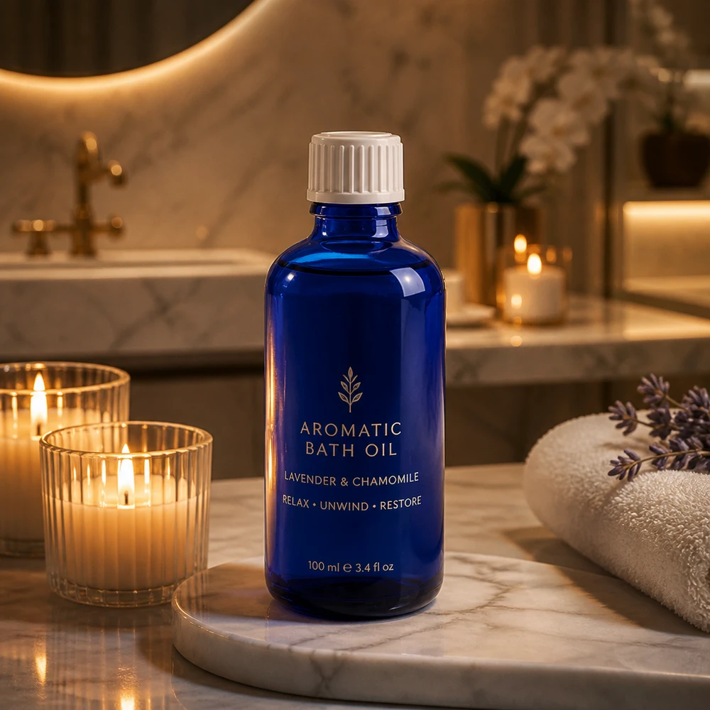 Apothekenflasche blau 50ml Schraubverschluss weiß Standard Blaues UV-Schutzglas 50ml Flasche mit weißem Verschluss für Badezusätze und Pflegeöle