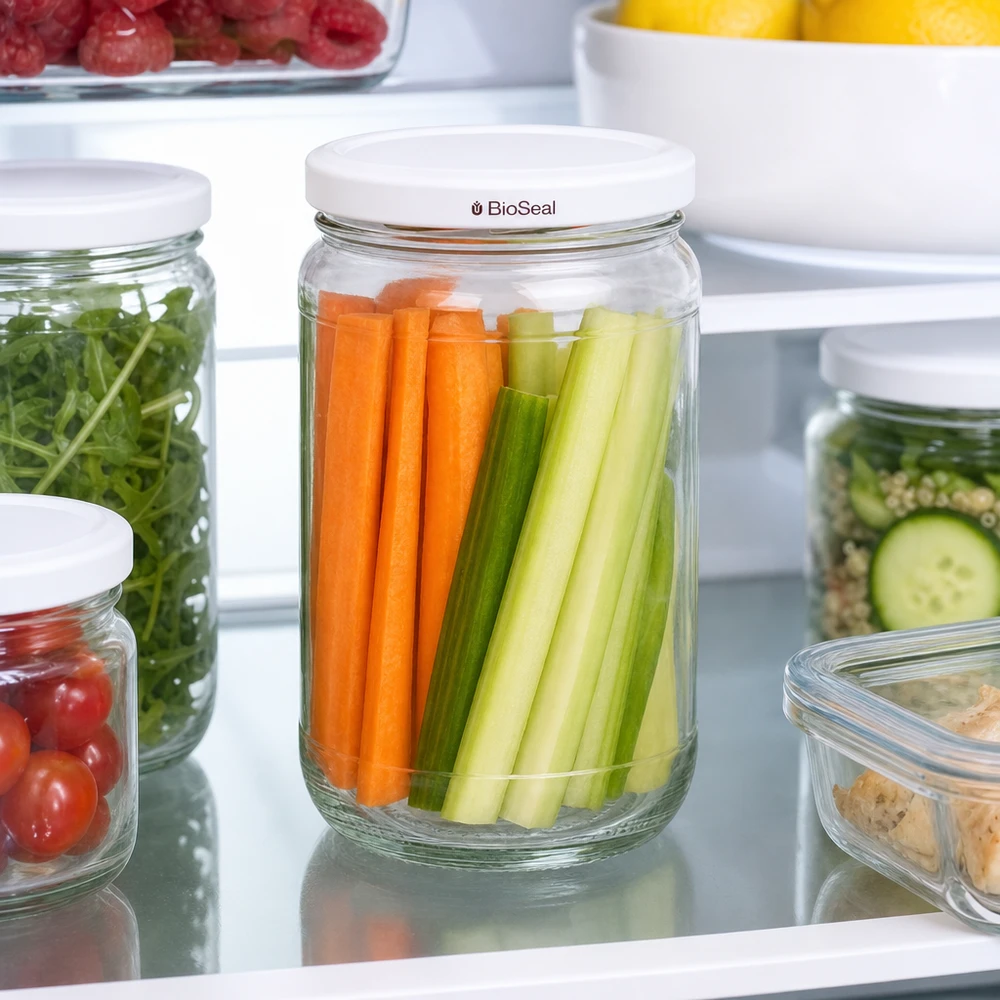 305ml Rundglas + BioSeal Deckel weiß UNiTWIST UNiTWIST Runda305 im Kühlschrank mit frischen Karottensticks und Sellerie - optimale Gemüse-Frischhaltung dank BioSeal