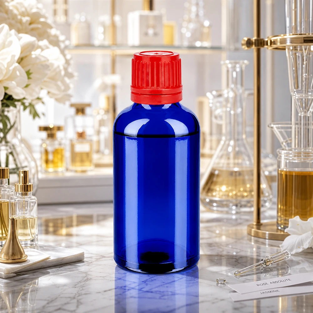 Vielseitige 50ml Medizinflasche blau rot für Pharmazie SV 11mm OV BlueLine UT18/50