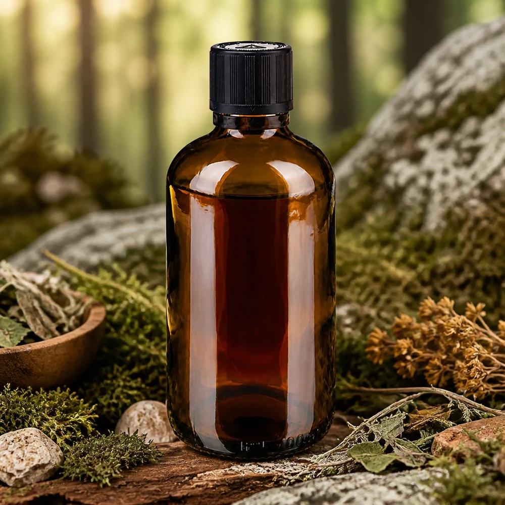 Dunkle Apothekerflasche 100ml mit Tropfverschluss auf Baumrinde mit grünem Moos und Naturkräutern