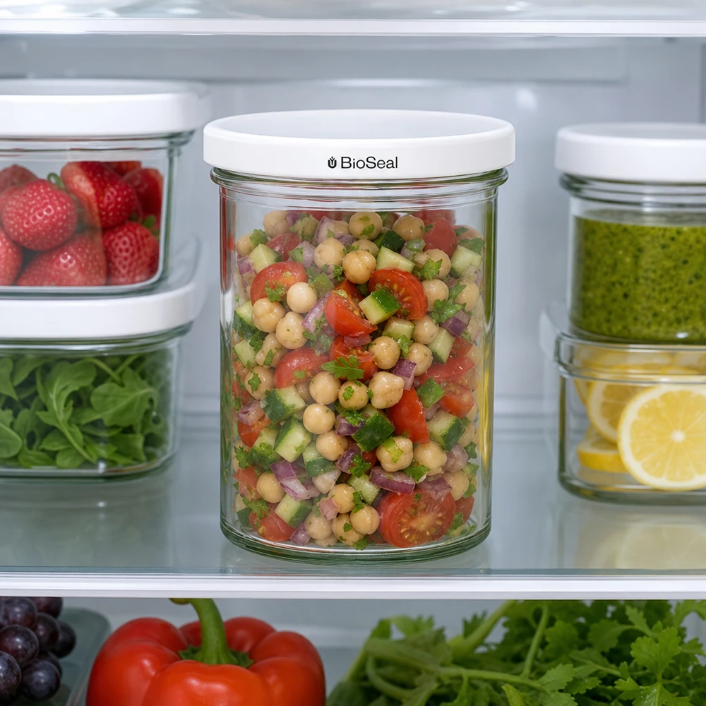 435ml Sturzglas mit BioSeal Deckel weiß UNiTWIST UNiTWIST Sturzglas 435ml im Kühlschrank mit Kichererbsensalat gefüllt zeigt praktische Aufbewahrung von Meal Prep