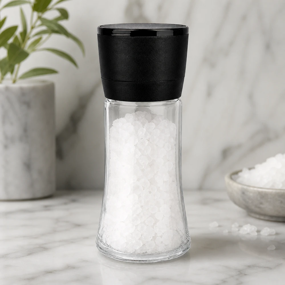 Kompakte Salzmühle Vario 95ml in Trichterform mit schwarzem Deckel auf weißer Marmorfläche