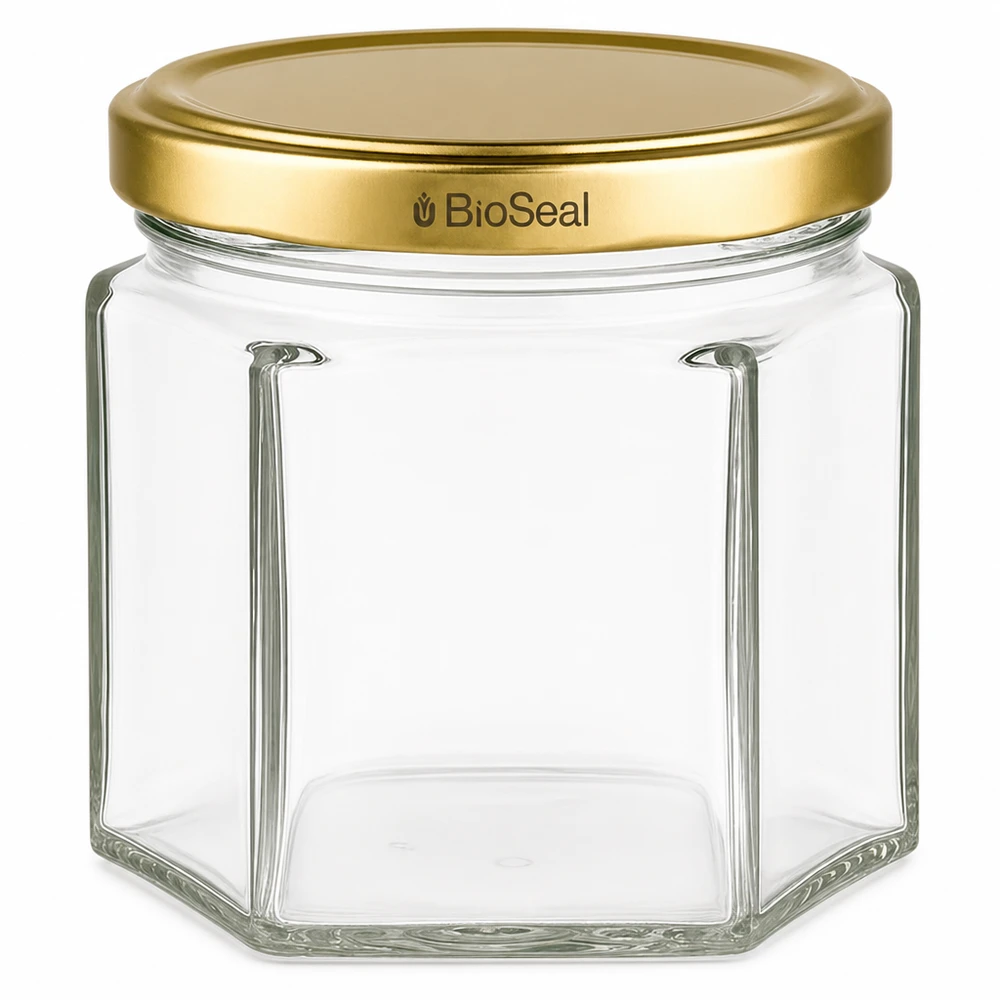 47ml Hexaglas mit BioSeal Deckel gold UNiTWIST Sechseckiges Glasgefäß UNiTWIST Hexa47 mit goldenem TO43 BioSeal Deckel für Konservierung und Aufbewahrung