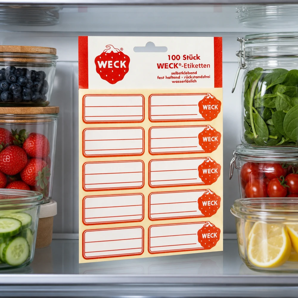 WECK Etiketten 19x13mm (Pack(s) mit 100 Stück) WECK Etiketten im Kühlschrank zwischen Vorratsgläsern mit Obst Gemüse zeigen praktische Küchen-Organisation