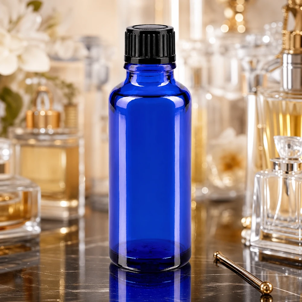 Apothekenflasche blau 30ml Schraubverschluss schwarz Standard Leere blaue Glasflasche 30ml mit kindersicherem Schraubverschluss für Kosmetik und Öle