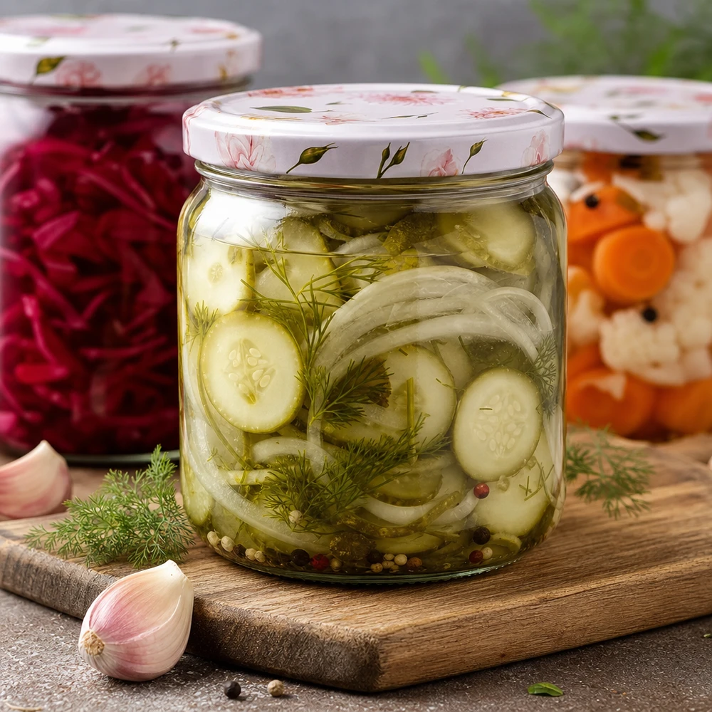 408ml Rundglas + BasicSeal Deckel Blume rosa UNiTWIST 408ml Rundglas rosa Blumendeckel BasicSeal gefüllt mit eingelegten Gurken Zwiebeln Dill Einmachglas Konservenglas