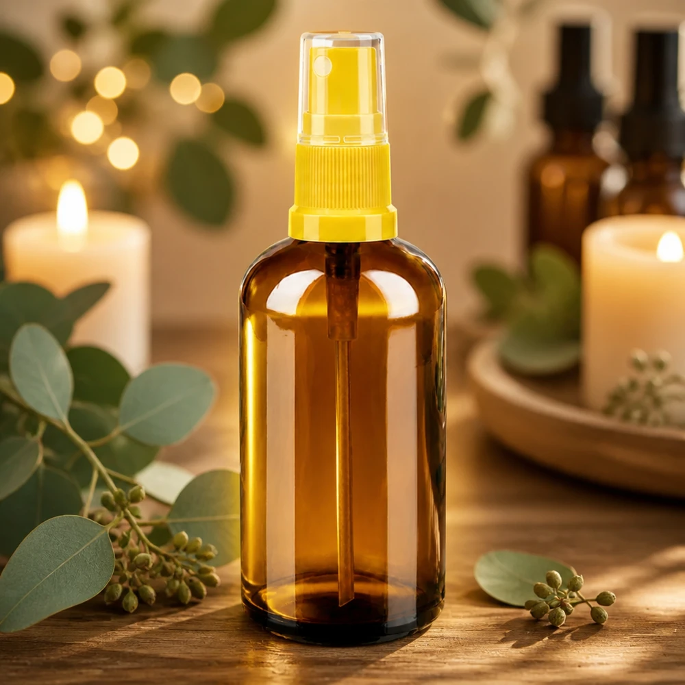 Hochwertige 100ml Sprühflasche aus Braunglas mit präzisem Sprühmechanismus gelb