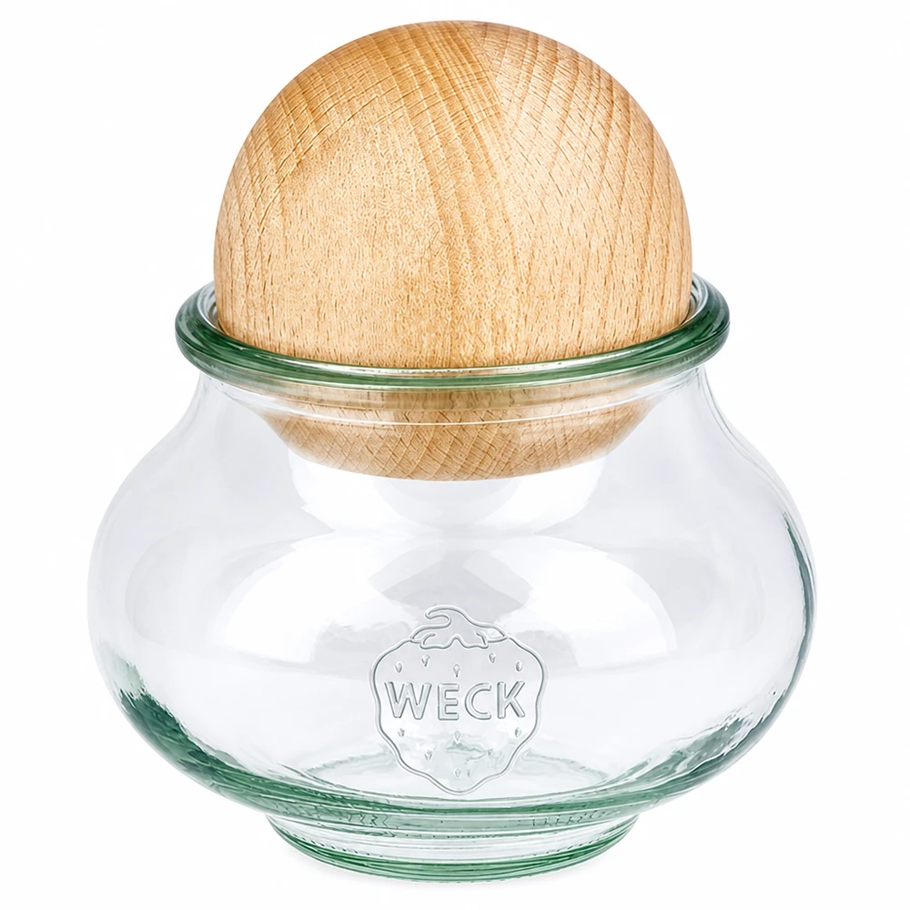 560ml Schmuckglas WECK RR80 mit Holzkugel Buche WECK Schmuckglas 560ml RR80 mit Buchenkugel Deckel aus Holz Vorratsglas mit Korkdichtung transparent