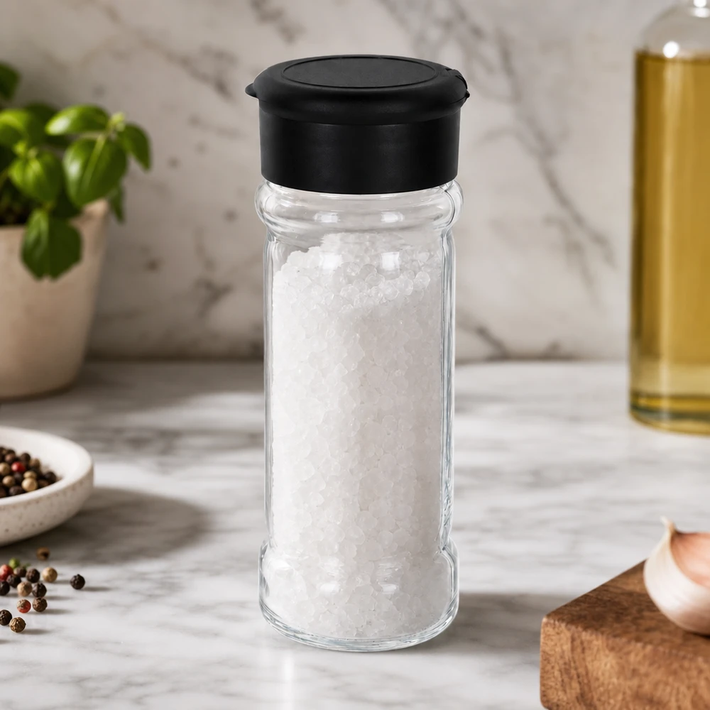 Salz-/Gewürzglas 100ml mit Streuer schwarz Gewürzglas 100ml mit grobkörnigem Salz befüllt und schwarzem Flip-Top-Streuer