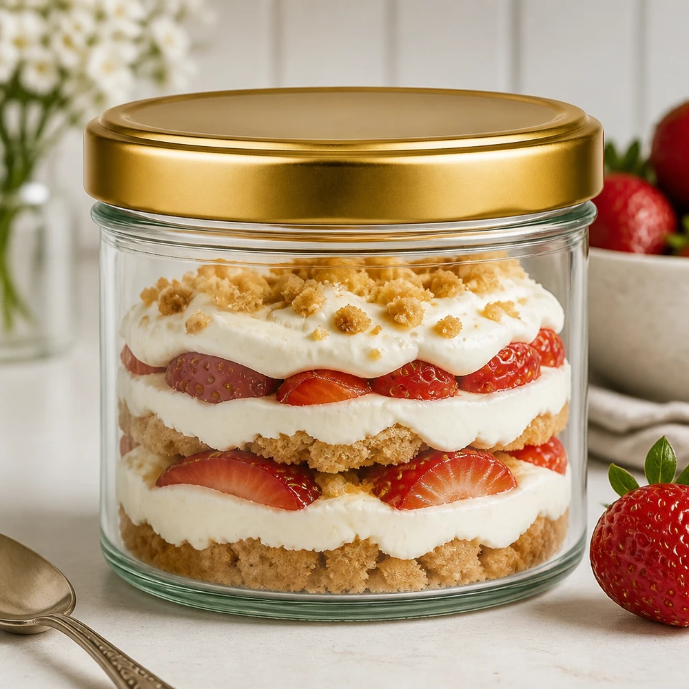 230ml Zylinderglas + BasicSeal Deckel gold UT 230ml Zylinderglas mit goldenem BasicSeal Deckel als schickes Dessertglas für geschichtetes Erdbeer-Trifle Nachtisch