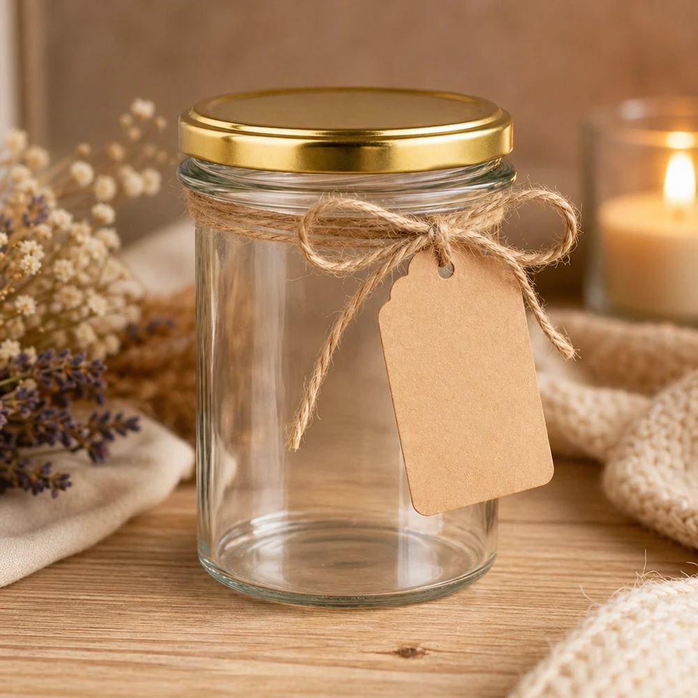 230ml Sturzglas mit goldenem BasicSeal Deckel UNiTWIST dekorativ mit Juteschnur und Papieranhänger als Geschenkidee