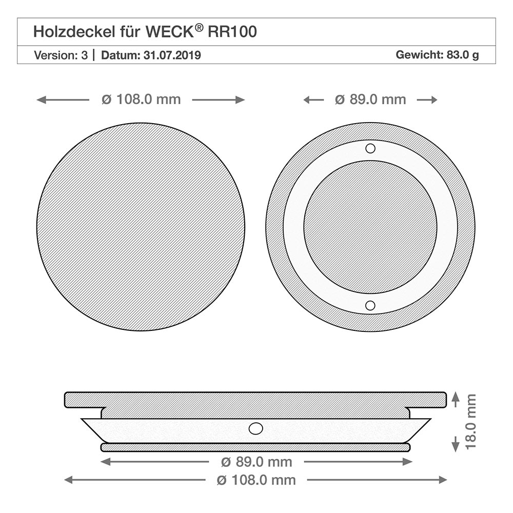 Holzdeckelset "Reis" mit WECK Sturzglas 1500ml Technische Zeichnung Holzdeckel für WECK RR100 Glas mit Maßangaben 108mm 89mm 18mm Durchmesser Höhe Spezifikation
