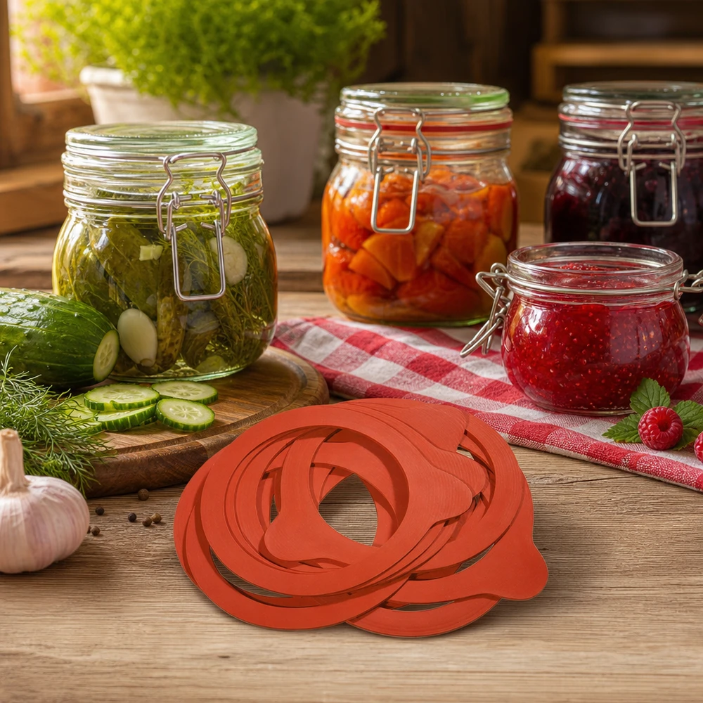 Einkochring Naturgummi RR100 Naturgummi Einkochringe RR100 gestapelt vor selbstgemachten Konserven in Einmachgläsern auf Holztisch