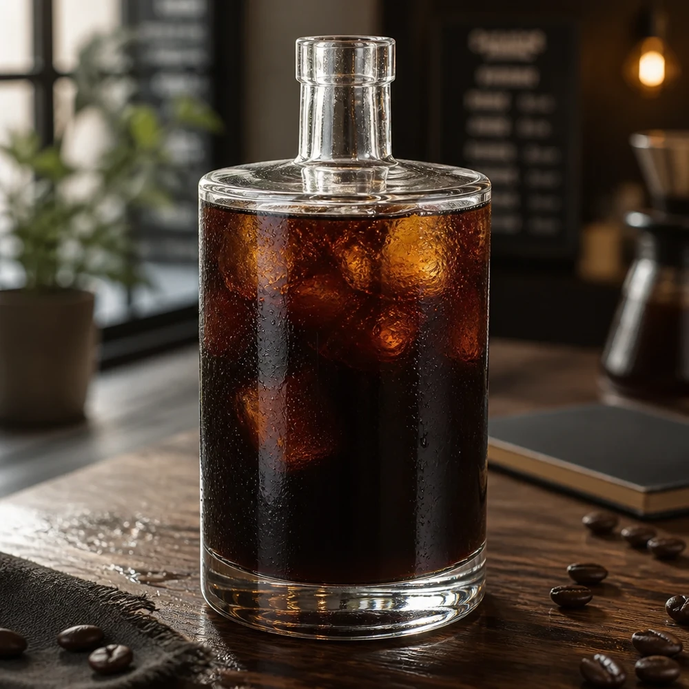 700ml Glasflasche "Galileo" ohne Verschluss UNiTWIST® 700ml Glasflasche Marie mit Cold Brew Kaffee und Eiswürfeln befüllt auf Holztisch mit Kaffeebohnen im Café