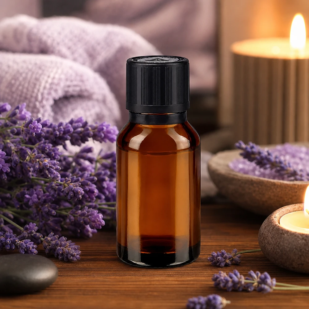 Kompakte Braunglasflasche 15ml mit Sicherheitsverschluss in entspannter Spa-Atmosphäre