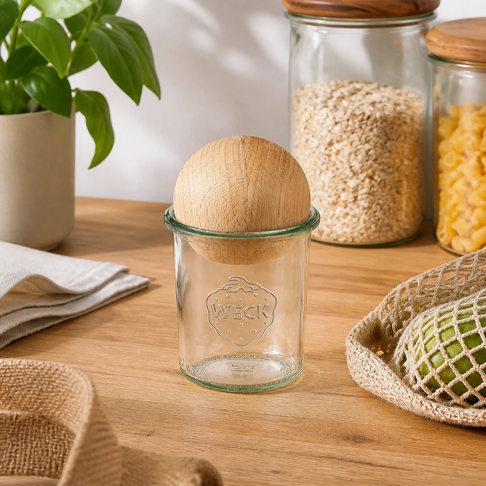 WECK Sturzglas RR60 160ml mit Buchenkugel-Deckel auf Holztisch, umgeben von nachhaltigen Küchenutensilien