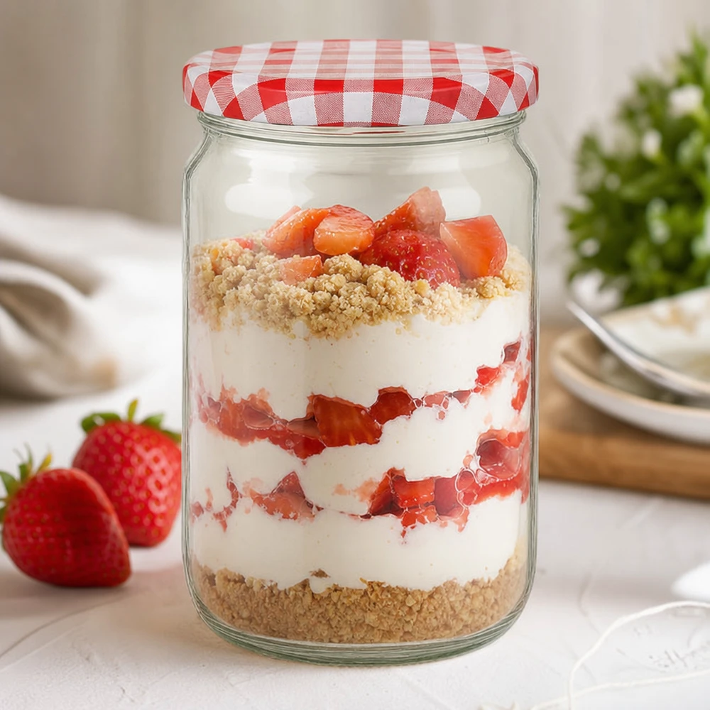 795ml Rundglas mit BasicSeal Deckel rot/weiß UNiTWIST 795ml Rundglas mit BasicSeal Deckel als Dessertglas mit Erdbeeren, Sahne und Streuseln, perfekt für süße Nachspeisen