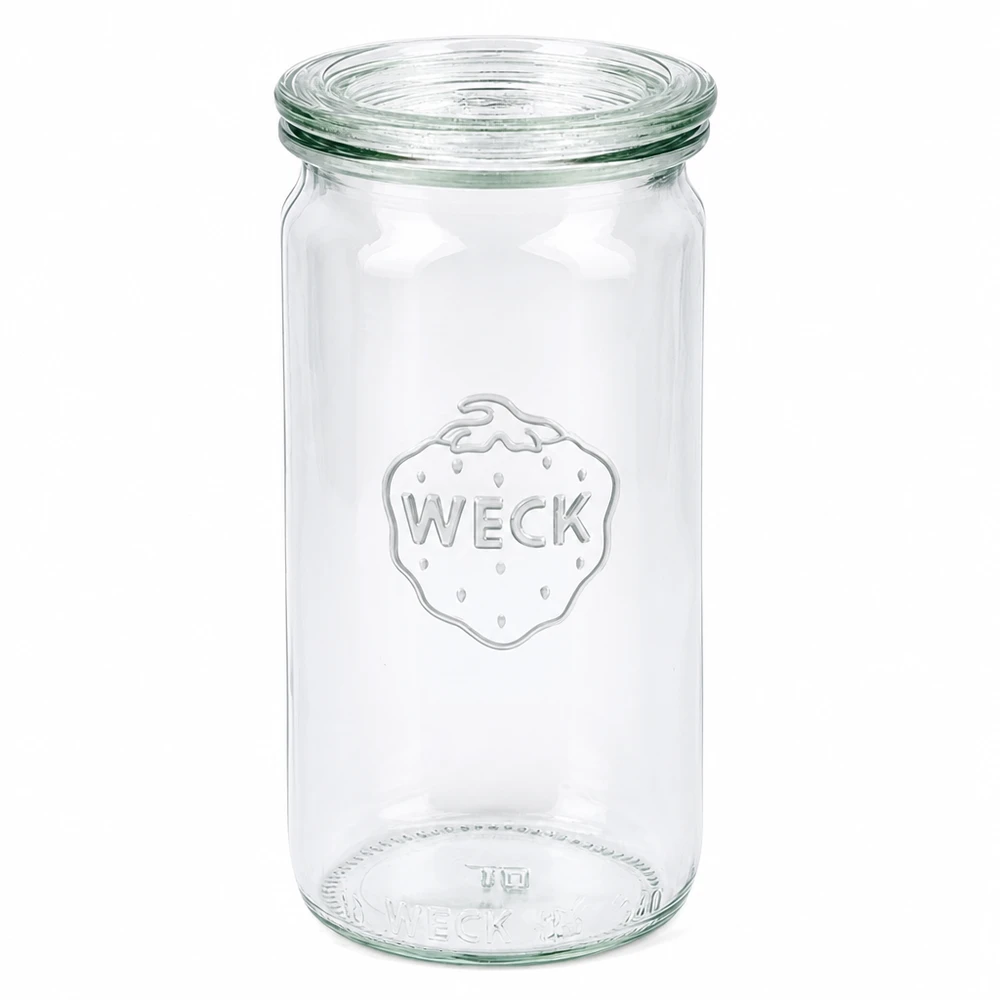 340ml Zylinderglas mit Glasdeckel WECK RR60 WECK Zylinderglas 340ml mit Glasdeckel RR60 Einmachglas transparent leer auf weißem Hintergrund