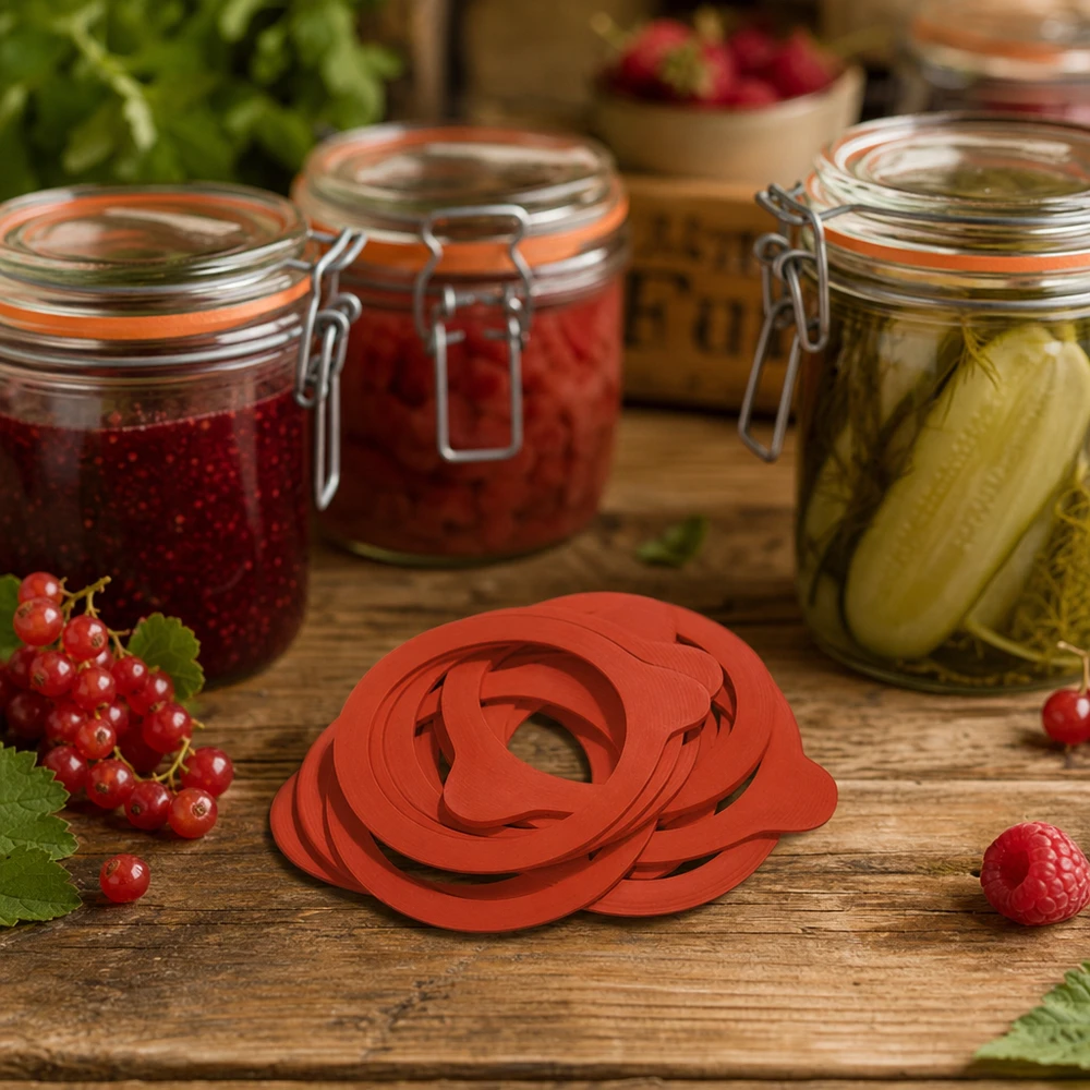 Einkochring Naturgummi RR60 Einkochringe RR60 aus Naturgummi in der Küche mit gefüllten Einmachgläsern und frischen Beeren auf Holztisch