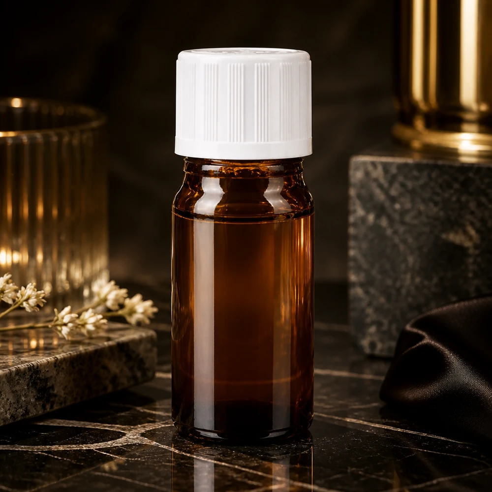 Kompakte 5ml Braunglasflasche mit weißem KiSi-Deckel neben goldenen Dekorationsgegenständen