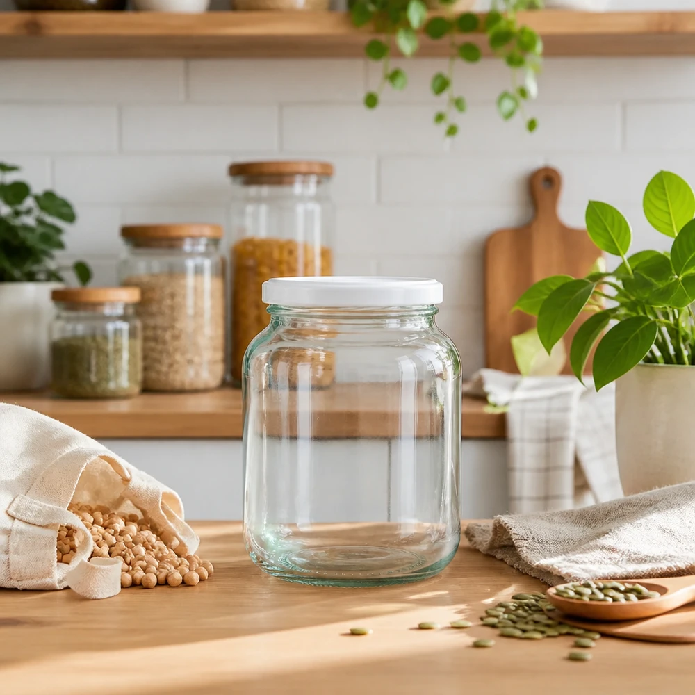 370ml Ovalglas mit BasicSeal Deckel weiß UNiTWIST 370ml Ovalglas UNiTWIST mit BasicSeal Deckel weiß in nachhaltiger Zero-Waste Küche mit Hülsenfrüchten und Pflanzen