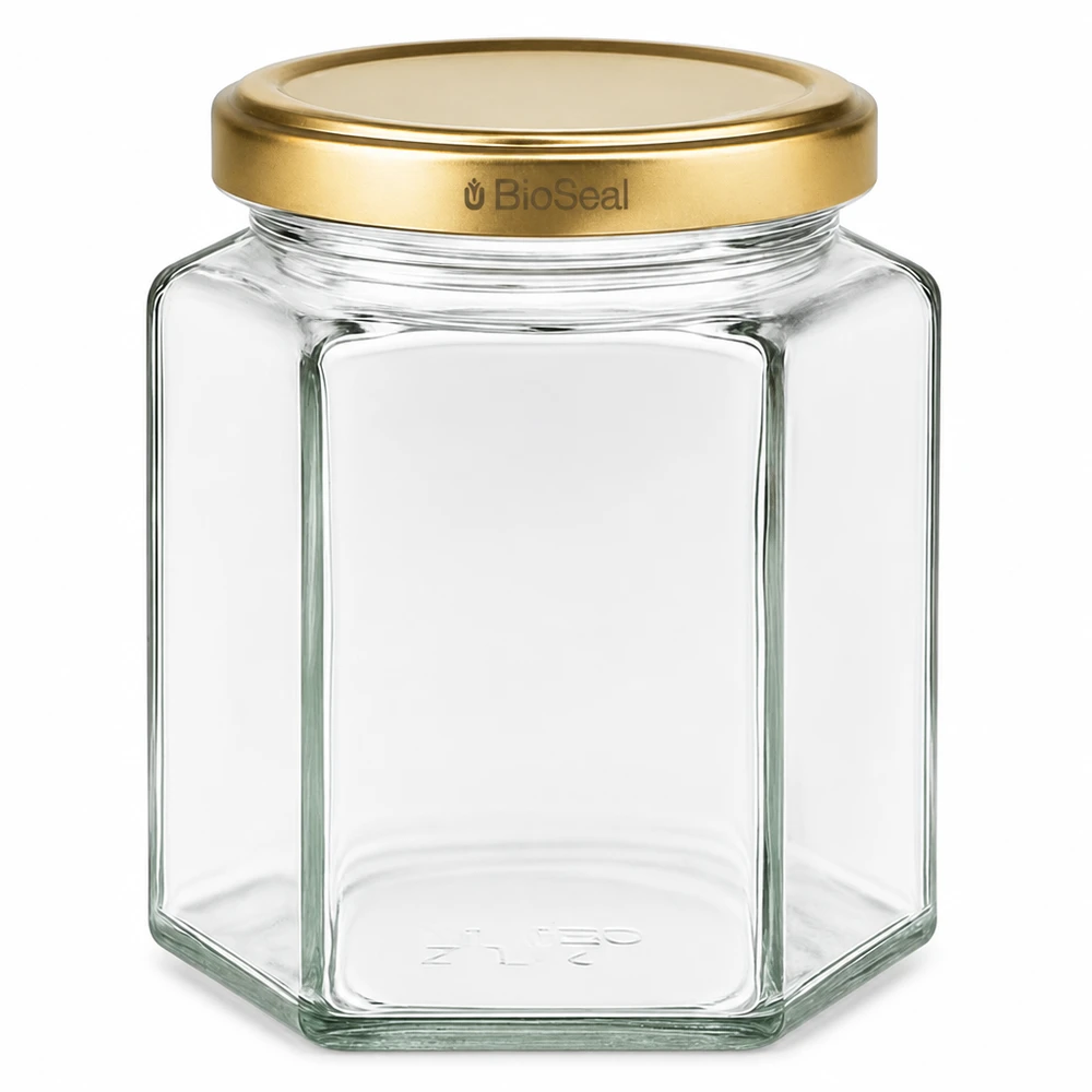 390ml Hexaglas mit BioSeal Deckel gold UNiTWIST Hexagonales Glasgefäß UNiTWIST Hexa390 mit goldenem TO70 BioSeal Deckel für Lebensmittel und Konserven