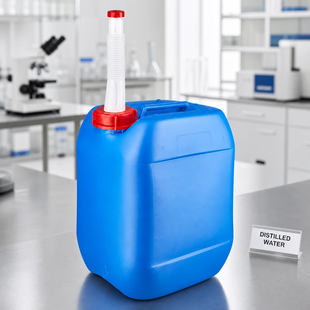 Kanister 10 Liter blau mit Auslaufrohr Flex Laborkanister 10L blau mit aufgestecktem Flex-Auslaufrohr auf Edelstahltisch
